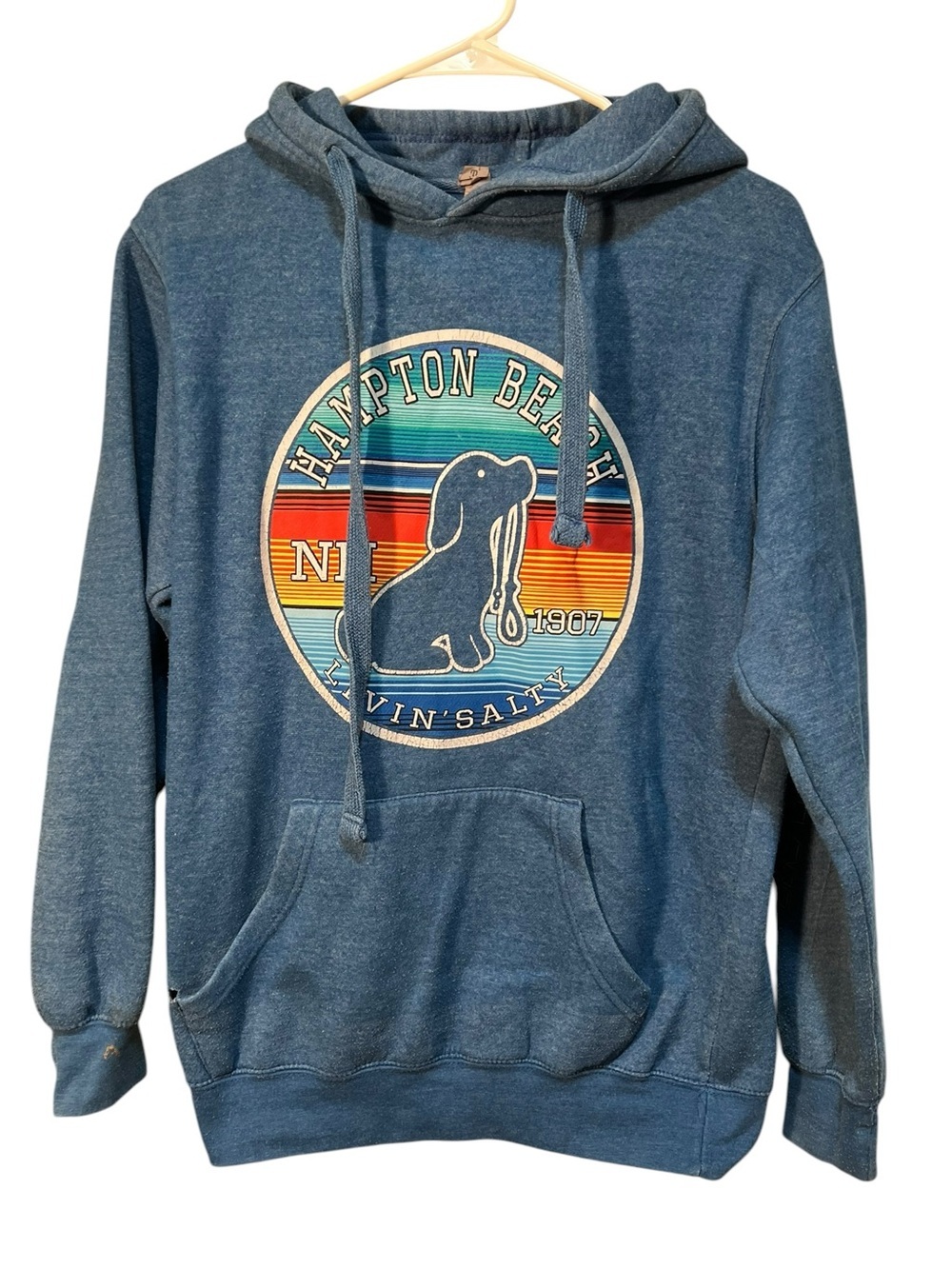 Milltex Unisex Size Small Hoodie Blue Hampton Beach New Hampshire Dog Striped
